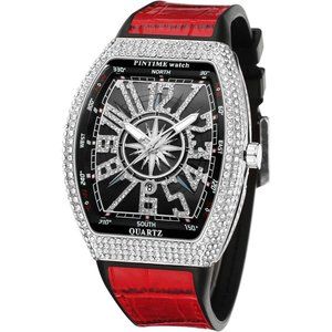 Men Women Silver Red Hip Hop Fashion Stainless Steel Quartz Analog Watch